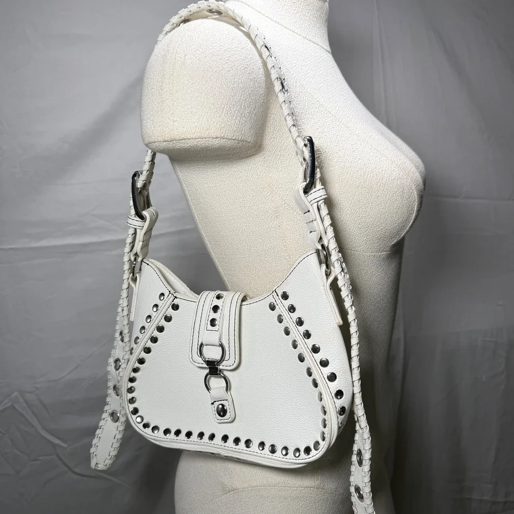 White Studded Shoulder Bag‎ Silver Studs Adjustable Strap Grunge purse